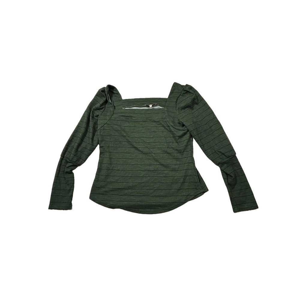 June & Hudson Green Striped Square Neck Long Sleeve Puff Sleeve Knit Top L